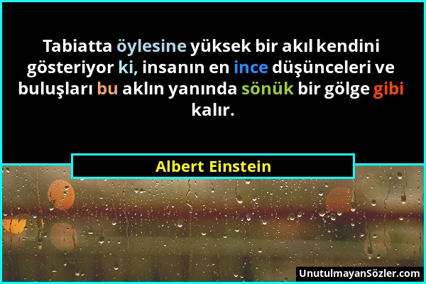 Albert Einstein - Tabiatta öylesine yüksek bir akıl kendini gösteriyor ki, insanın en ince düşünceleri ve buluşları bu aklın yanında sönük bir gölge g...