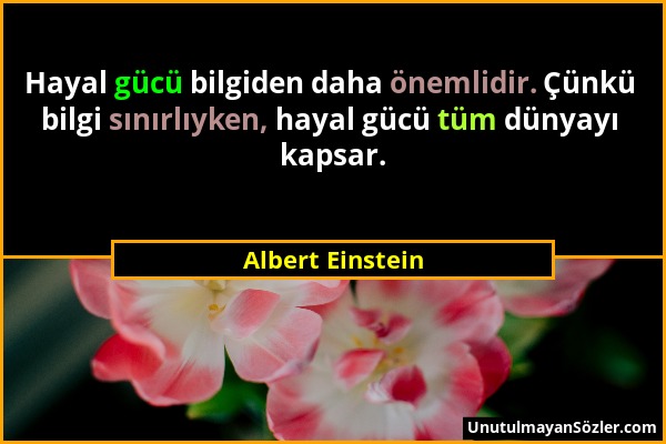 Albert Einstein - Hayal gücü bilgiden daha önemlidir. Çünkü bilgi sınırlıyken, hayal gücü tüm dünyayı kapsar....