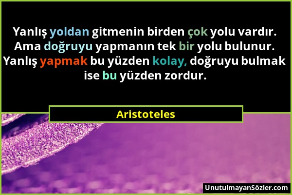 Aristoteles - Yanlış yoldan gitmenin birden çok yolu vardır. Ama doğruyu yapmanın tek bir yolu bulunur. Yanlış yapmak bu yüzden kolay, doğruyu bulmak...