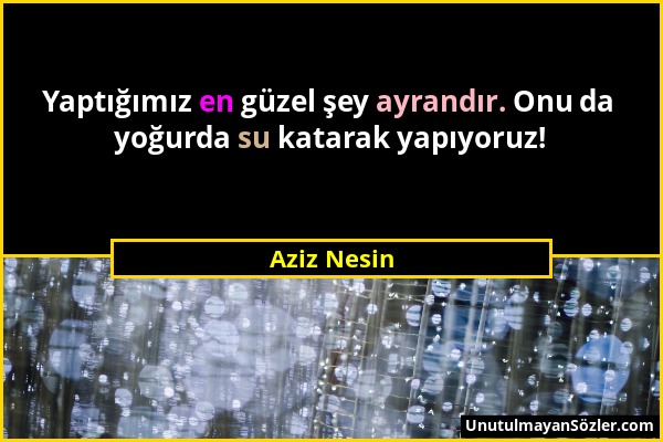 Aziz Nesin - Yaptığımız en güzel şey ayrandır. Onu da yoğurda su katarak yapıyoruz!...