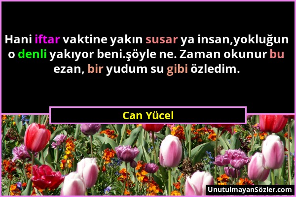 Can Yücel - Hani iftar vaktine yakın susar ya insan,yokluğun o denli yakıyor beni.şöyle ne. Zaman okunur bu ezan, bir yudum su gibi özledim....