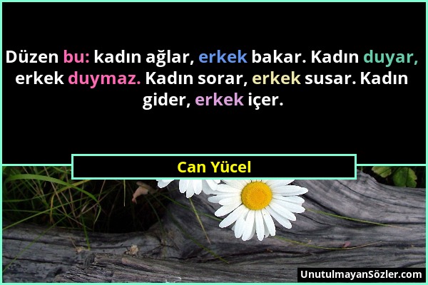 Can Yücel - Düzen bu: kadın ağlar, erkek bakar. Kadın duyar, erkek duymaz. Kadın sorar, erkek susar. Kadın gider, erkek içer....