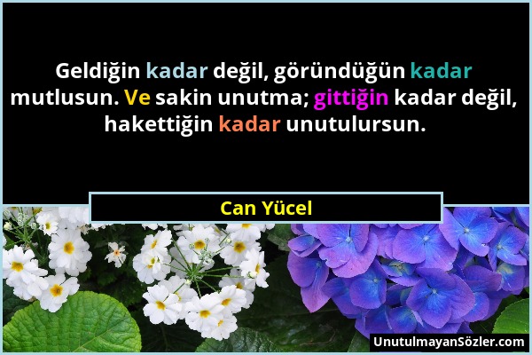 Can Yücel - Geldiğin kadar değil, göründüğün kadar mutlusun. Ve sakin unutma; gittiğin kadar değil, hakettiğin kadar unutulursun....