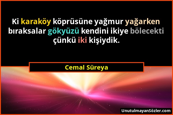 Cemal Süreya - Ki karaköy köprüsüne yağmur yağarken bıraksalar gökyüzü kendini ikiye bölecekti çünkü iki kişiydik....