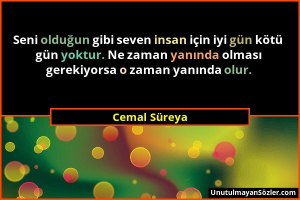 Cemal Süreya - Seni olduğun gibi seven insan için iyi gün kötü gün yoktur. Ne zaman yanında olması gerekiyorsa o zaman yanında olur....