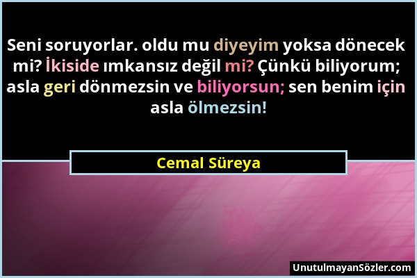 Cemal Süreya - Seni soruyorlar. oldu mu diyeyim yoksa dönecek mi? İkiside ımkansız değil mi? Çünkü biliyorum; asla geri dönmezsin ve biliyorsun; sen b...