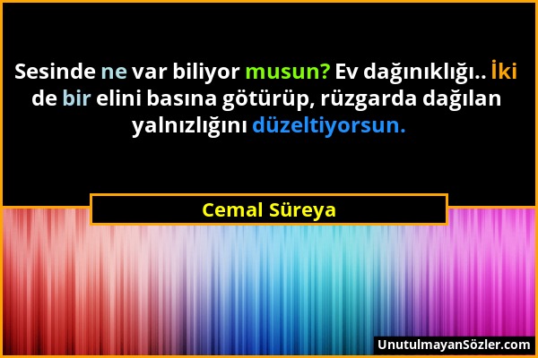 Cemal Süreya - Sesinde ne var biliyor musun? Ev dağınıklığı.. İki de bir elini basına götürüp, rüzgarda dağılan yalnızlığını düzeltiyorsun....