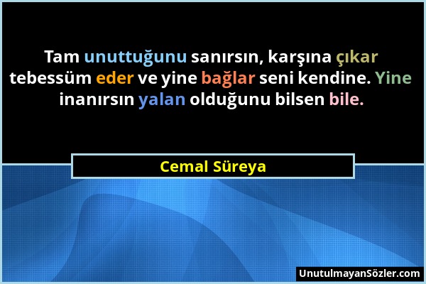 Cemal Süreya - Tam unuttuğunu sanırsın, karşına çıkar tebessüm eder ve yine bağlar seni kendine. Yine inanırsın yalan olduğunu bilsen bile....