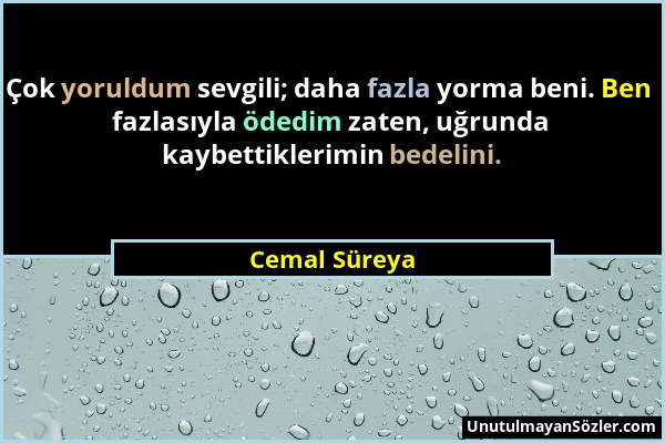 Cemal Süreya - Çok yoruldum sevgili; daha fazla yorma beni. Ben fazlasıyla ödedim zaten, uğrunda kaybettiklerimin bedelini....