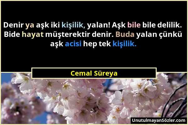 Cemal Süreya - Denir ya aşk iki kişilik, yalan! Aşk bile bile delilik. Bide hayat müşterektir denir. Buda yalan çünkü aşk acisi hep tek kişilik....