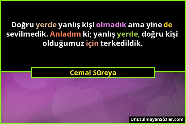 Cemal Süreya - Doğru yerde yanlış kişi olmadık ama yine de sevilmedik. Anladım ki; yanlış yerde, doğru kişi olduğumuz için terkedildik....