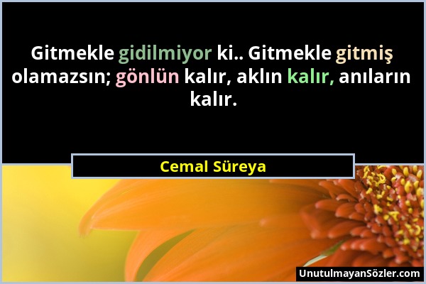 Cemal Süreya - Gitmekle gidilmiyor ki.. Gitmekle gitmiş olamazsın; gönlün kalır, aklın kalır, anıların kalır....