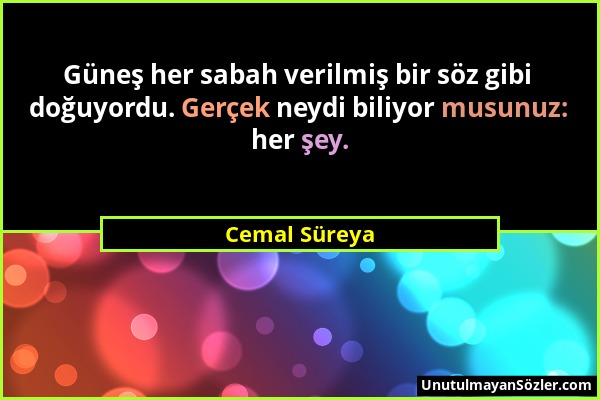 Cemal Süreya - Güneş her sabah verilmiş bir söz gibi doğuyordu. Gerçek neydi biliyor musunuz: her şey....