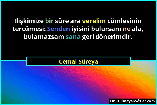 Cemal Süreya - İlişkimize bir süre ara verelim cümlesinin tercümesi: Senden iyisini bulursam ne ala, bulamazsam sana geri dönerimdir....