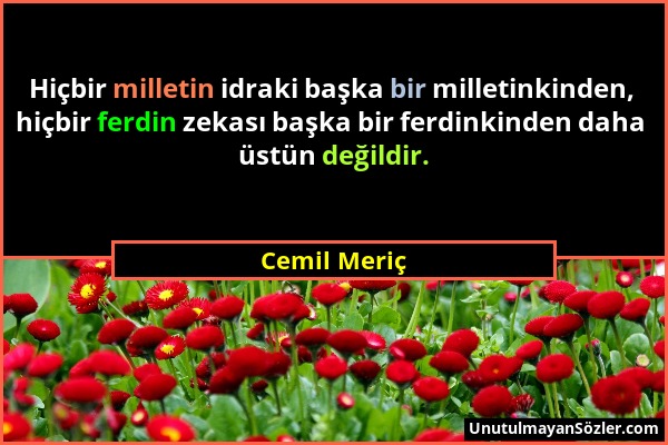 Cemil Meriç - Hiçbir milletin idraki başka bir milletinkinden, hiçbir ferdin zekası başka bir ferdinkinden daha üstün değildir....