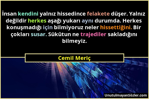 Cemil Meriç - İnsan kendini yalnız hissedince felakete düşer. Yalnız değildir herkes aşağı yukarı aynı durumda. Herkes konuşmadığı için bilmiyoruz nel...