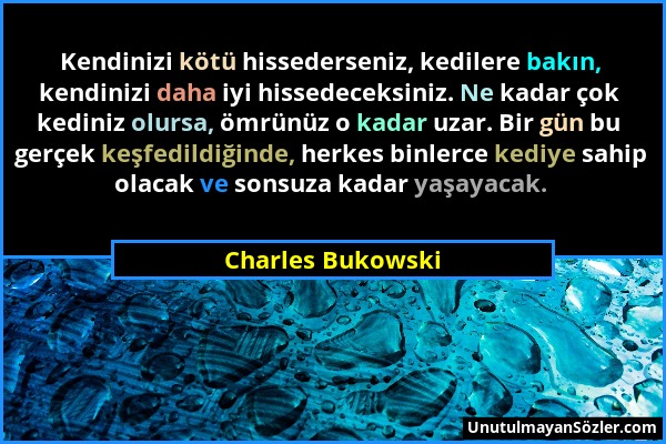 Charles Bukowski - Kendinizi kötü hissederseniz, kedilere bakın, kendinizi daha iyi hissedeceksiniz. Ne kadar çok kediniz olursa, ömrünüz o kadar uzar...