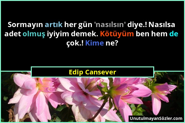 Edip Cansever - Sormayın artık her gün 'nasılsın' diye.! Nasılsa adet olmuş iyiyim demek. Kötüyüm ben hem de çok.! Kime ne?...