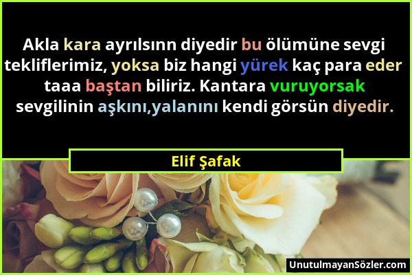 Elif Şafak - Akla kara ayrılsınn diyedir bu ölümüne sevgi tekliflerimiz, yoksa biz hangi yürek kaç para eder taaa baştan biliriz. Kantara vuruyorsak s...