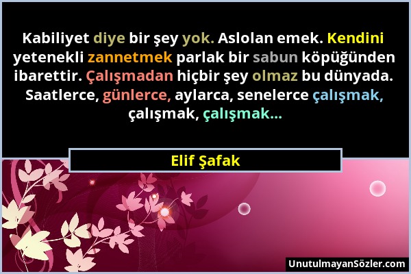 Elif Şafak - Kabiliyet diye bir şey yok. Aslolan emek. Kendini yetenekli zannetmek parlak bir sabun köpüğünden ibarettir. Çalışmadan hiçbir şey olmaz...