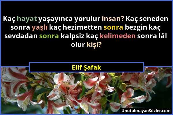 Elif Şafak - Kaç hayat yaşayınca yorulur insan? Kaç seneden sonra yaşlı kaç hezimetten sonra bezgin kaç sevdadan sonra kalpsiz kaç kelimeden sonra lâl...