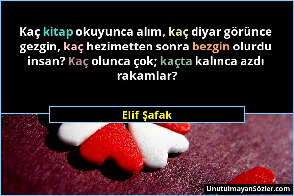 Elif Şafak - Kaç kitap okuyunca alım, kaç diyar görünce gezgin, kaç hezimetten sonra bezgin olurdu insan? Kaç olunca çok; kaçta kalınca azdı rakamlar?...