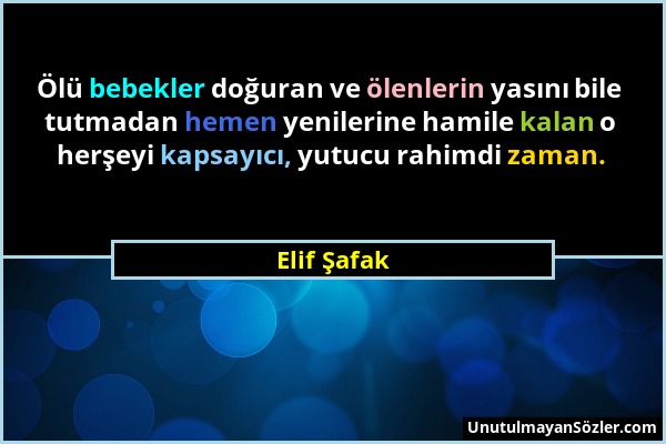 Elif Şafak - Ölü bebekler doğuran ve ölenlerin yasını bile tutmadan hemen yenilerine hamile kalan o herşeyi kapsayıcı, yutucu rahimdi zaman....