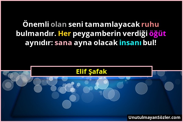 Elif Şafak - Önemli olan seni tamamlayacak ruhu bulmandır. Her peygamberin verdiği öğüt aynıdır: sana ayna olacak insanı bul!...