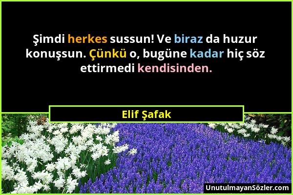 Elif Şafak - Şimdi herkes sussun! Ve biraz da huzur konuşsun. Çünkü o, bugüne kadar hiç söz ettirmedi kendisinden....