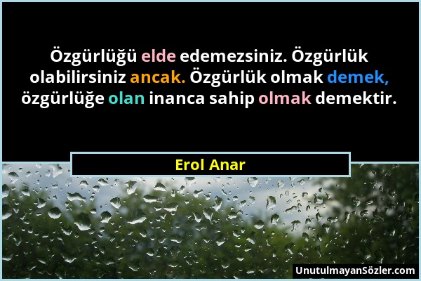 Erol Anar - Özgürlüğü elde edemezsiniz. Özgürlük olabilirsiniz ancak. Özgürlük olmak demek, özgürlüğe olan inanca sahip olmak demektir....