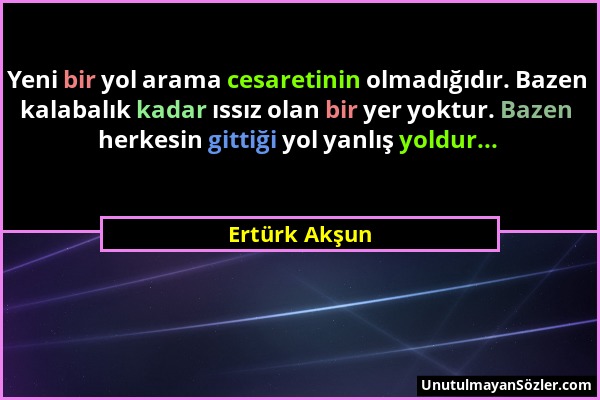 Ertürk Akşun - Yeni bir yol arama cesaretinin olmadığıdır. Bazen kalabalık kadar ıssız olan bir yer yoktur. Bazen herkesin gittiği yol yanlış yoldur.....