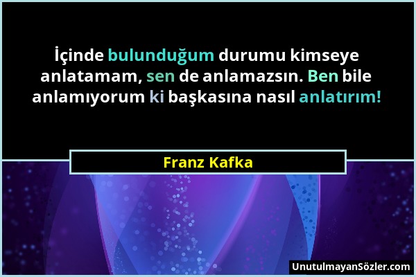 Franz Kafka - İçinde bulunduğum durumu kimseye anlatamam, sen de anlamazsın. Ben bile anlamıyorum ki başkasına nasıl anlatırım!...