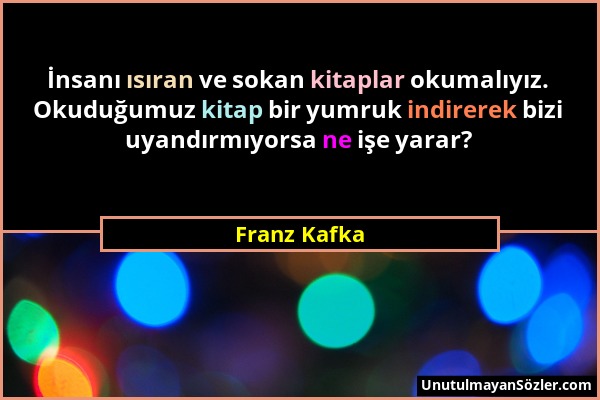 Franz Kafka - İnsanı ısıran ve sokan kitaplar okumalıyız. Okuduğumuz kitap bir yumruk indirerek bizi uyandırmıyorsa ne işe yarar?...