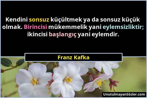 Franz Kafka - Kendini sonsuz küçültmek ya da sonsuz küçük olmak. Birincisi mükemmelik yani eylemsizliktir; ikincisi başlangıç yani eylemdir....