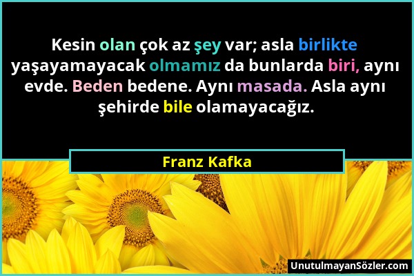 Franz Kafka - Kesin olan çok az şey var; asla birlikte yaşayamayacak olmamız da bunlarda biri, aynı evde. Beden bedene. Aynı masada. Asla aynı şehirde...