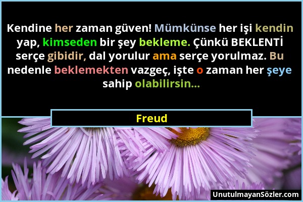 Freud - Kendine her zaman güven! Mümkünse her işi kendin yap, kimseden bir şey bekleme. Çünkü BEKLENTİ serçe gibidir, dal yorulur ama serçe yorulmaz....