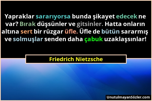 Friedrich Nietzsche - Yapraklar sararıyorsa bunda şikayet edecek ne var? Bırak düşsünler ve gitsinler. Hatta onların altına sert bir rüzgar üfle. Üfle...