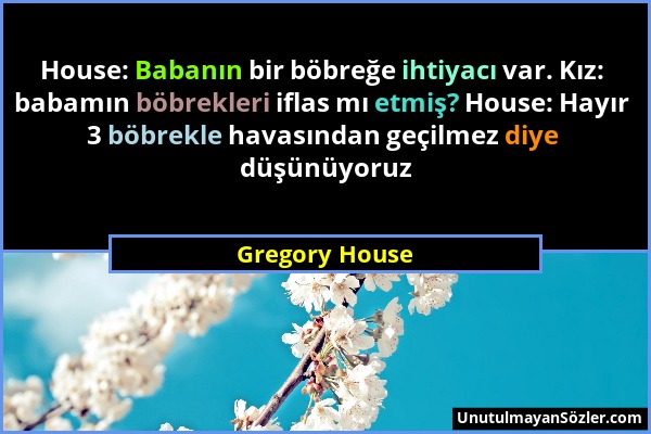 Gregory House - House: Babanın bir böbreğe ihtiyacı var. Kız: babamın böbrekleri iflas mı etmiş? House: Hayır 3 böbrekle havasından geçilmez diye düşü...