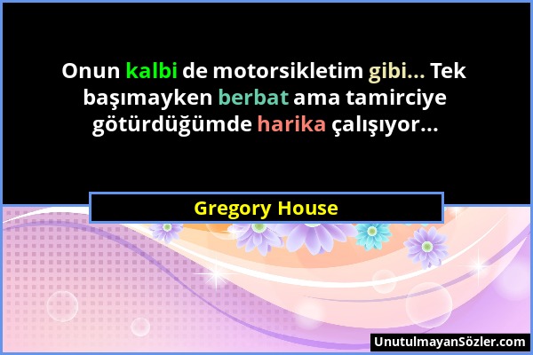 Gregory House - Onun kalbi de motorsikletim gibi... Tek başımayken berbat ama tamirciye götürdüğümde harika çalışıyor......