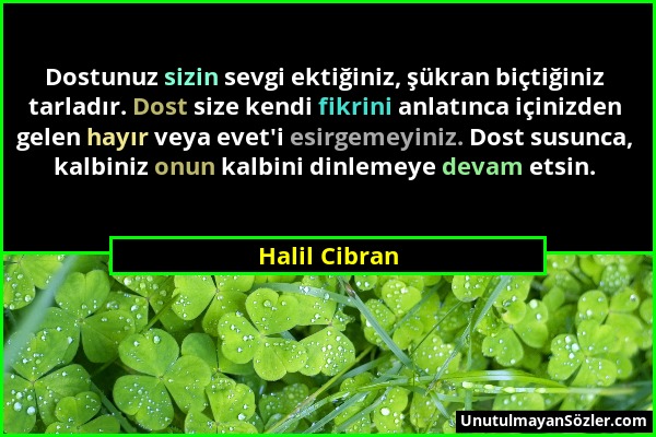 Halil Cibran - Dostunuz sizin sevgi ektiğiniz, şükran biçtiğiniz tarladır. Dost size kendi fikrini anlatınca içinizden gelen hayır veya evet'i esirgem...