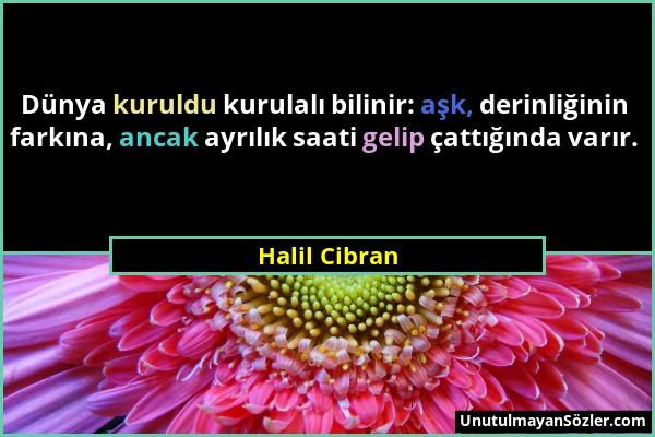 Halil Cibran - Dünya kuruldu kurulalı bilinir: aşk, derinliğinin farkına, ancak ayrılık saati gelip çattığında varır....