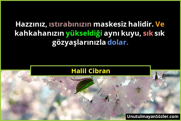 Halil Cibran - Hazzınız, ıstırabınızın maskesiz halidir. Ve kahkahanızın yükseldiği aynı kuyu, sık sık gözyaşlarınızla dolar....