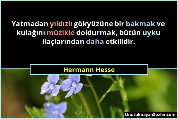 Hermann Hesse - Yatmadan yıldızlı gökyüzüne bir bakmak ve kulağını müzikle doldurmak, bütün uyku ilaçlarından daha etkilidir....