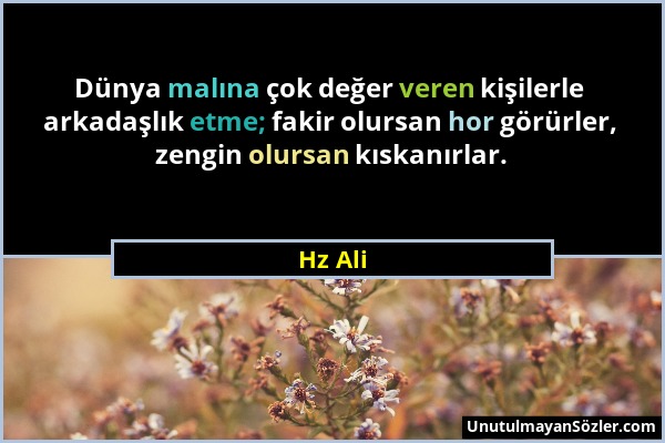 Hz Ali - Dünya malına çok değer veren kişilerle arkadaşlık etme; fakir olursan hor görürler, zengin olursan kıskanırlar....