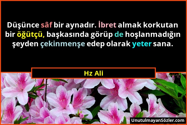 Hz Ali - Düşünce sâf bir aynadır. İbret almak korkutan bir öğütçü, başkasında görüp de hoşlanmadığın şeyden çekinmenşe edep olarak yeter sana....