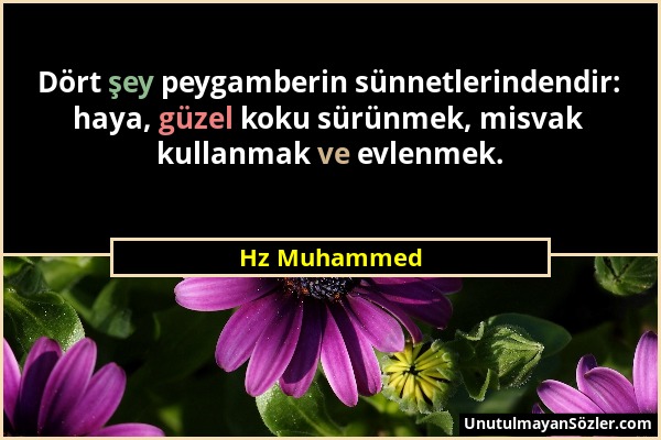 Hz Muhammed - Dört şey peygamberin sünnetlerindendir: haya, güzel koku sürünmek, misvak kullanmak ve evlenmek....