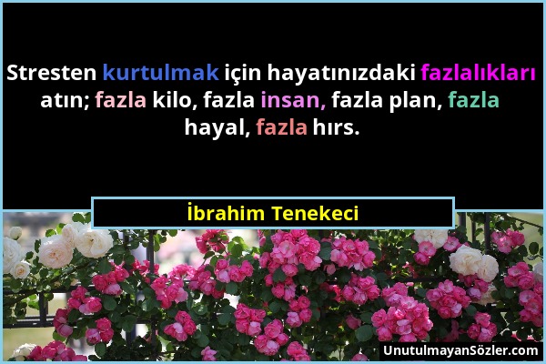 İbrahim Tenekeci - Stresten kurtulmak için hayatınızdaki fazlalıkları atın; fazla kilo, fazla insan, fazla plan, fazla hayal, fazla hırs....