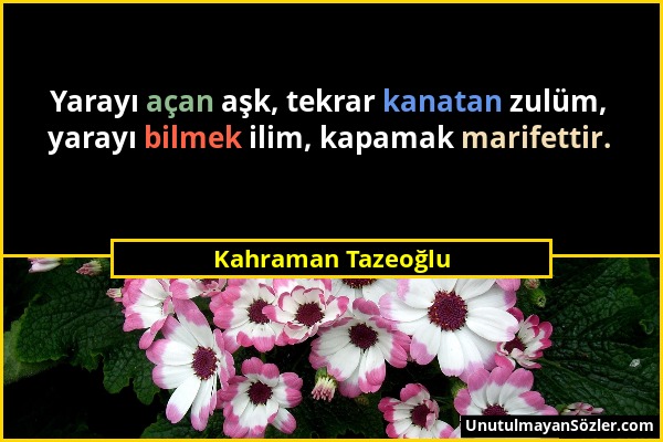 Kahraman Tazeoğlu - Yarayı açan aşk, tekrar kanatan zulüm, yarayı bilmek ilim, kapamak marifettir....