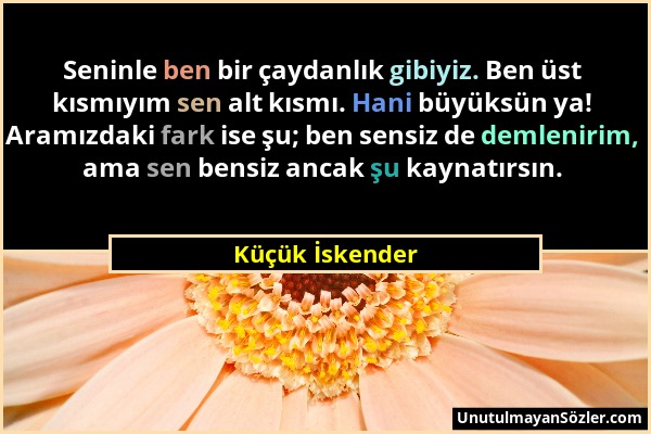 Küçük İskender - Seninle ben bir çaydanlık gibiyiz. Ben üst kısmıyım sen alt kısmı. Hani büyüksün ya! Aramızdaki fark ise şu; ben sensiz de demlenirim...