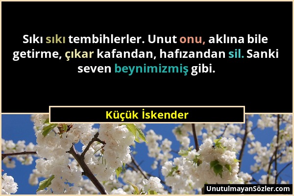 Küçük İskender - Sıkı sıkı tembihlerler. Unut onu, aklına bile getirme, çıkar kafandan, hafızandan sil. Sanki seven beynimizmiş gibi....